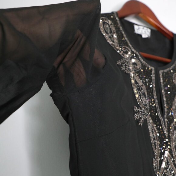 Vintage BCS Silk Sequin Embellished Tunic Top Bell Sleeves Black Metallic Beaded - Picture 16 of 16